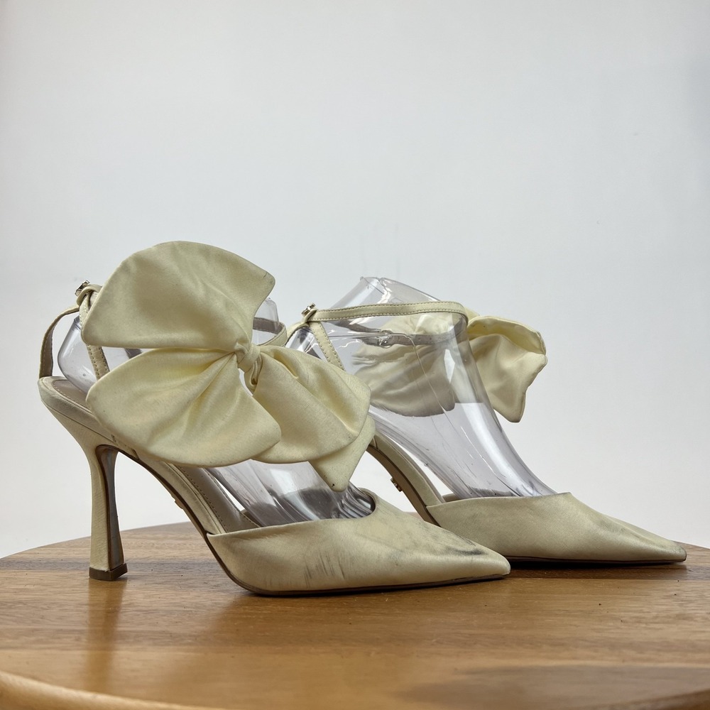 Womens Sam Edelman Halie Ivory Canvas Bow Weding Ankle Strap Pumps Size 8 M GUC